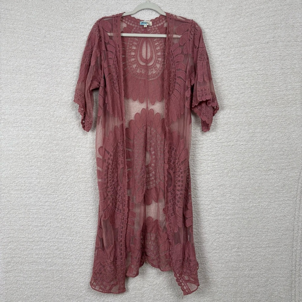 Rebellion Again Duster Womens Small Mauve Long Lace Kimono‎ Beach Cover Up